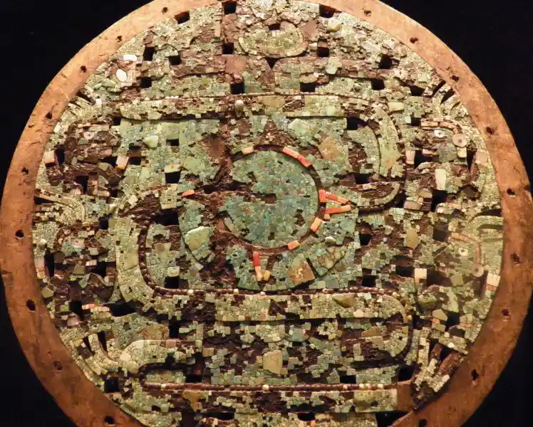 Four point solar disc on an Mixtec Aztec ceremonial shield, the turquoise mosaic